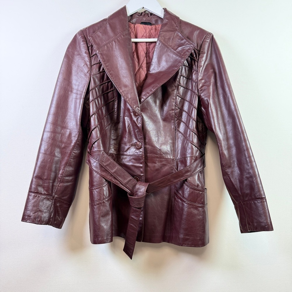 OPERA Burgundy Vintage‎ Pleated Tie Waist Leather Jacket M/L